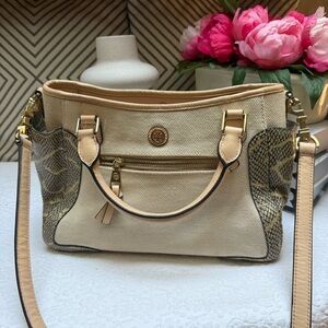 Tory Burch Cream Canvas And Snakeskin Leather Handbag with Crossbody Strap